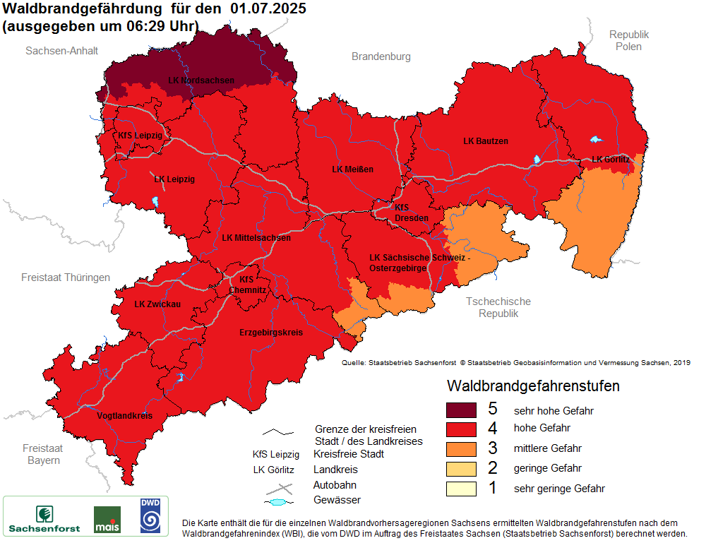 Aktuelle Waldbrandwarnstufen für Sachsen