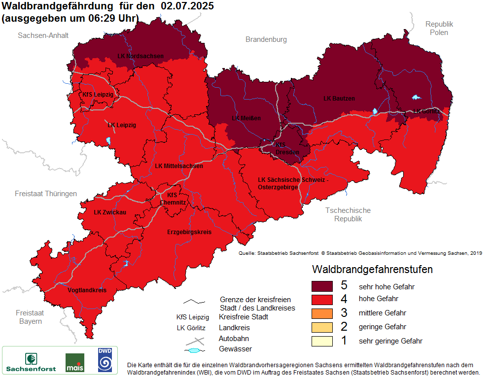 Aktuelle Waldbrandwarnstufen für Sachsen