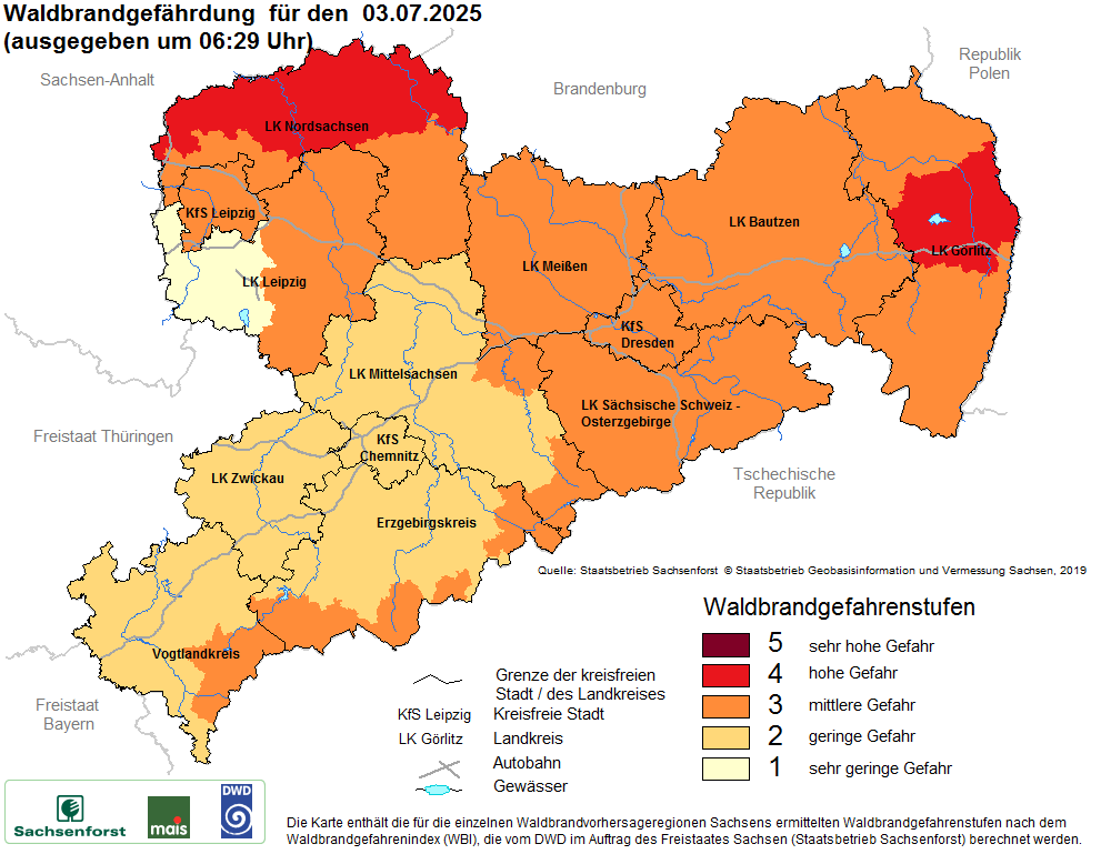 Aktuelle Waldbrandwarnstufen für Sachsen