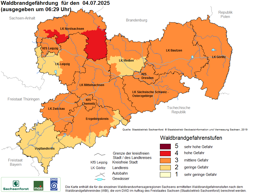 Aktuelle Waldbrandwarnstufen für Sachsen