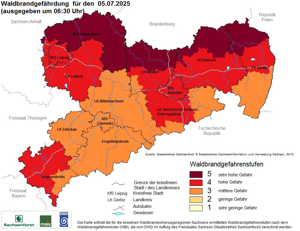 Aktuelle Waldbrandwarnstufen für Sachsen