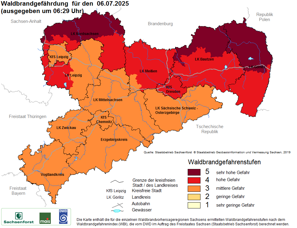 Aktuelle Waldbrandwarnstufen für Sachsen