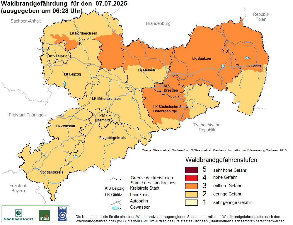 Aktuelle Waldbrandwarnstufen für Sachsen