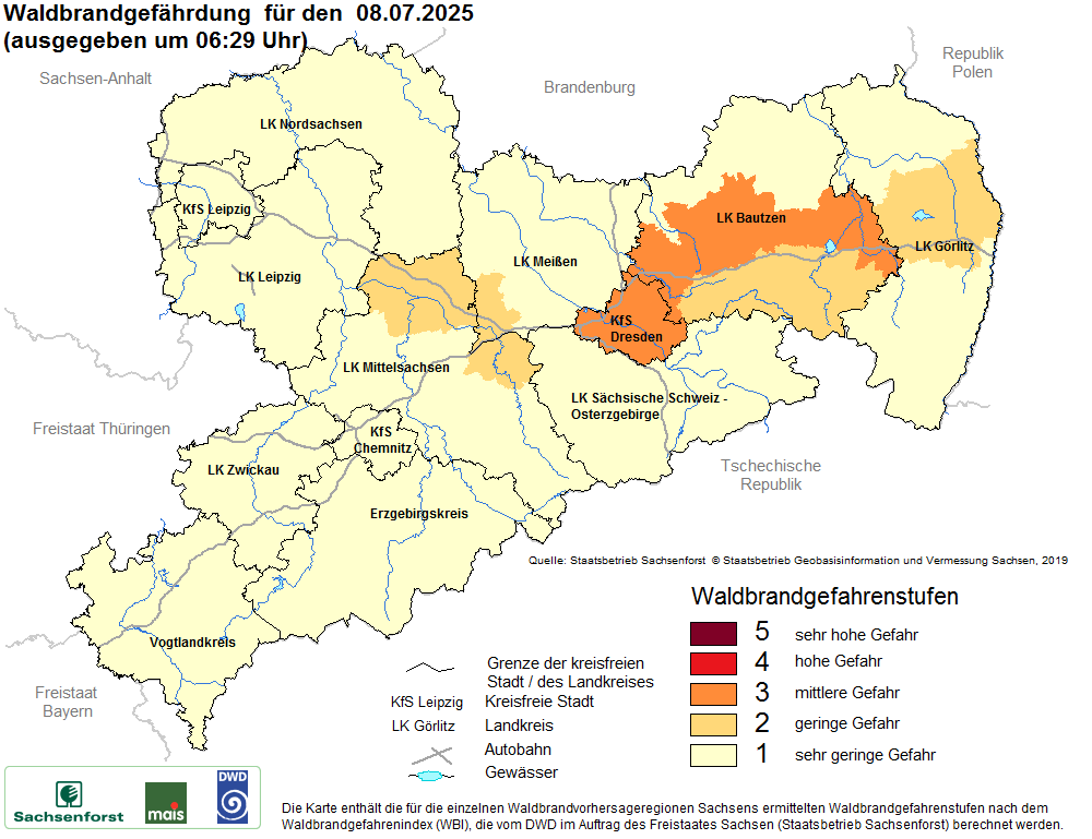 Aktuelle Waldbrandwarnstufen für Sachsen