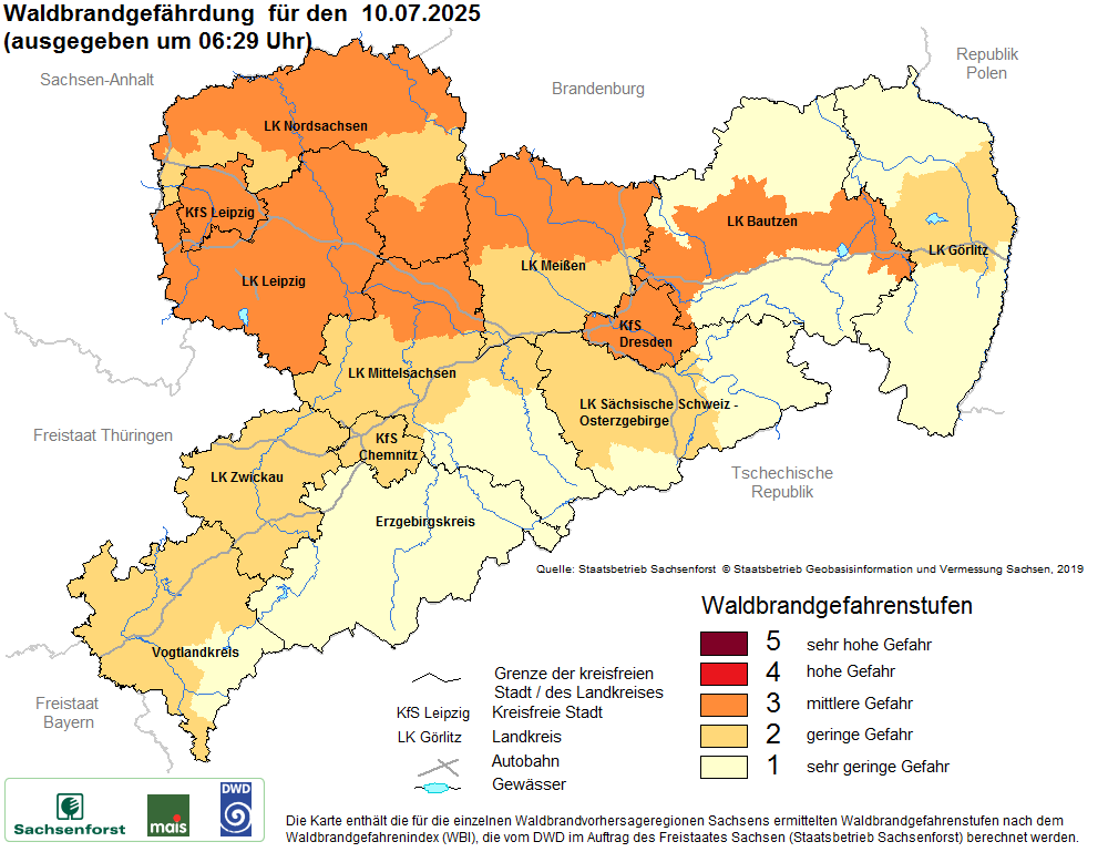 Aktuelle Waldbrandwarnstufen für Sachsen
