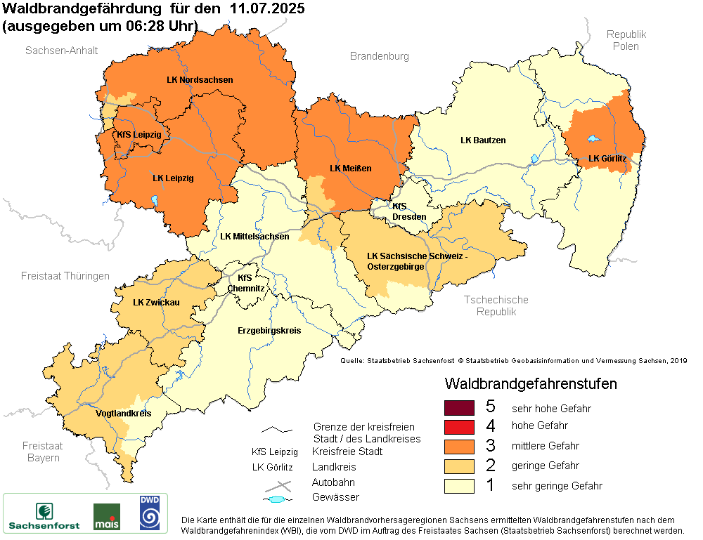 Aktuelle Waldbrandwarnstufen für Sachsen
