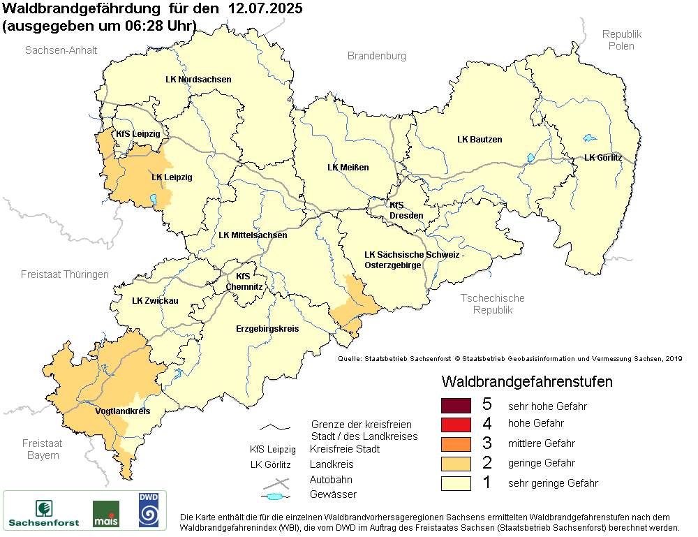 Aktuelle Waldbrandwarnstufen für Sachsen
