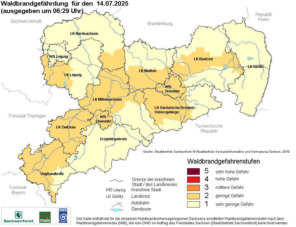 Aktuelle Waldbrandwarnstufen für Sachsen