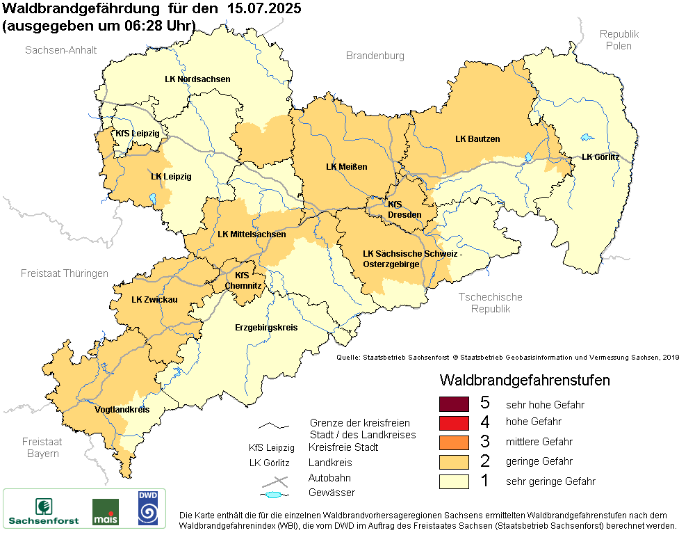 Aktuelle Waldbrandwarnstufen für Sachsen