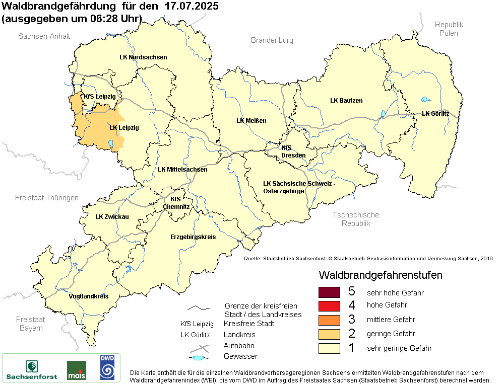 Aktuelle Waldbrandwarnstufen für Sachsen