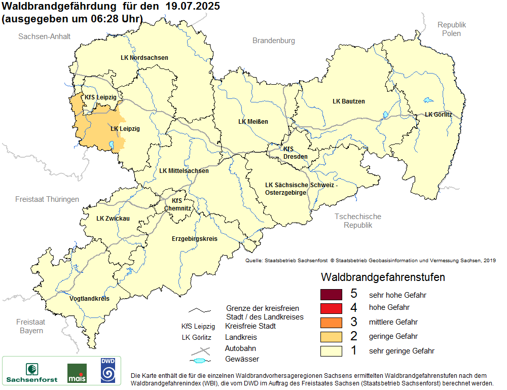 Aktuelle Waldbrandwarnstufen für Sachsen