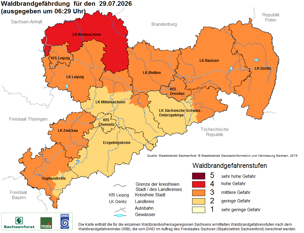 Aktuelle Waldbrandwarnstufen für Sachsen