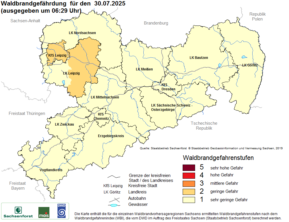 Aktuelle Waldbrandwarnstufen für Sachsen