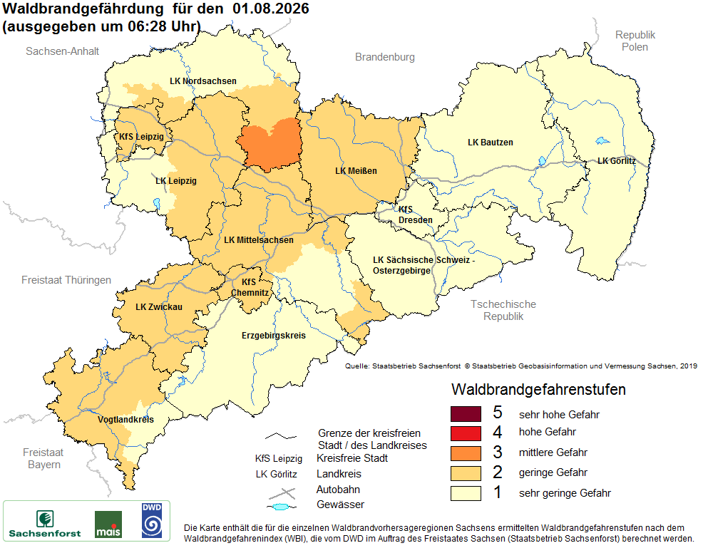 Aktuelle Waldbrandwarnstufen für Sachsen