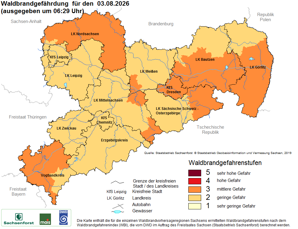 Aktuelle Waldbrandwarnstufen für Sachsen