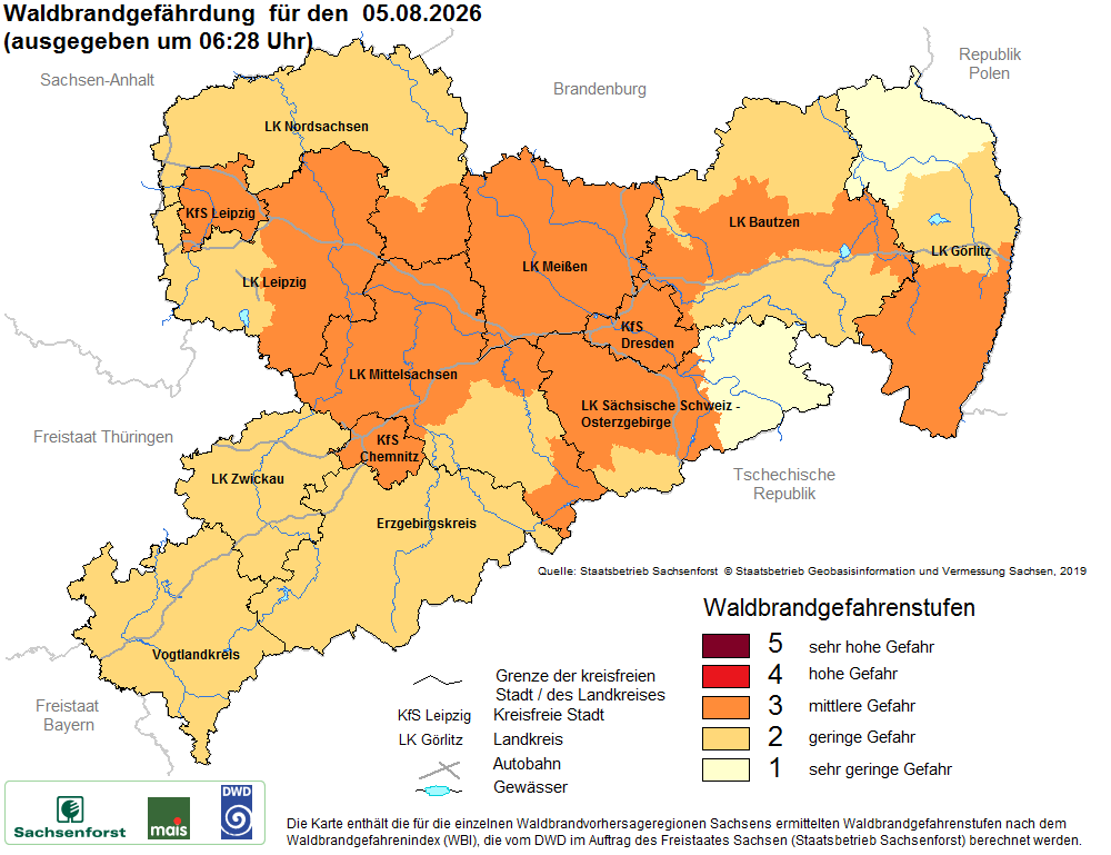 Aktuelle Waldbrandwarnstufen für Sachsen