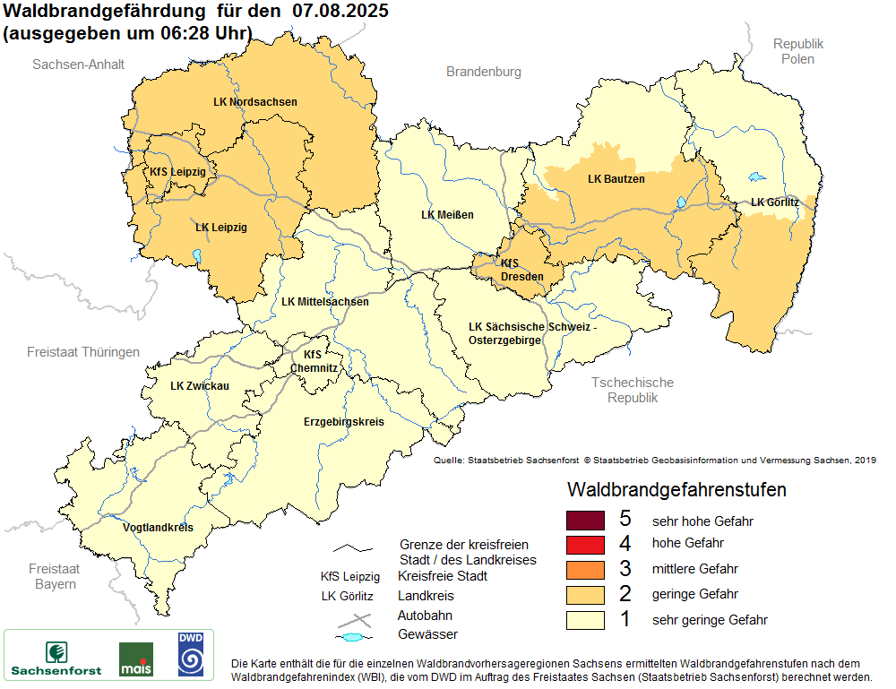 Aktuelle Waldbrandwarnstufen für Sachsen
