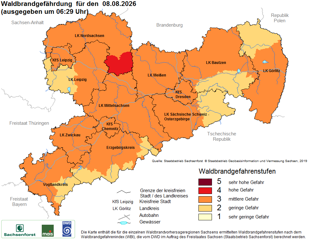 Aktuelle Waldbrandwarnstufen für Sachsen