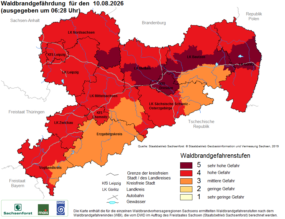 Aktuelle Waldbrandwarnstufen für Sachsen
