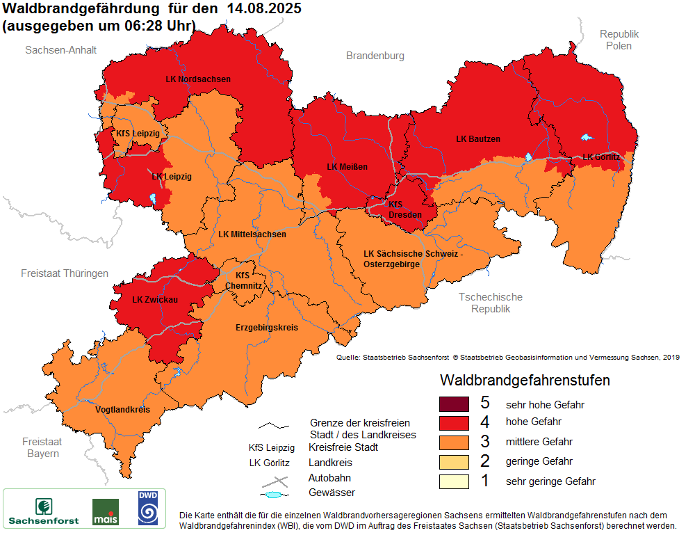 Aktuelle Waldbrandwarnstufen für Sachsen