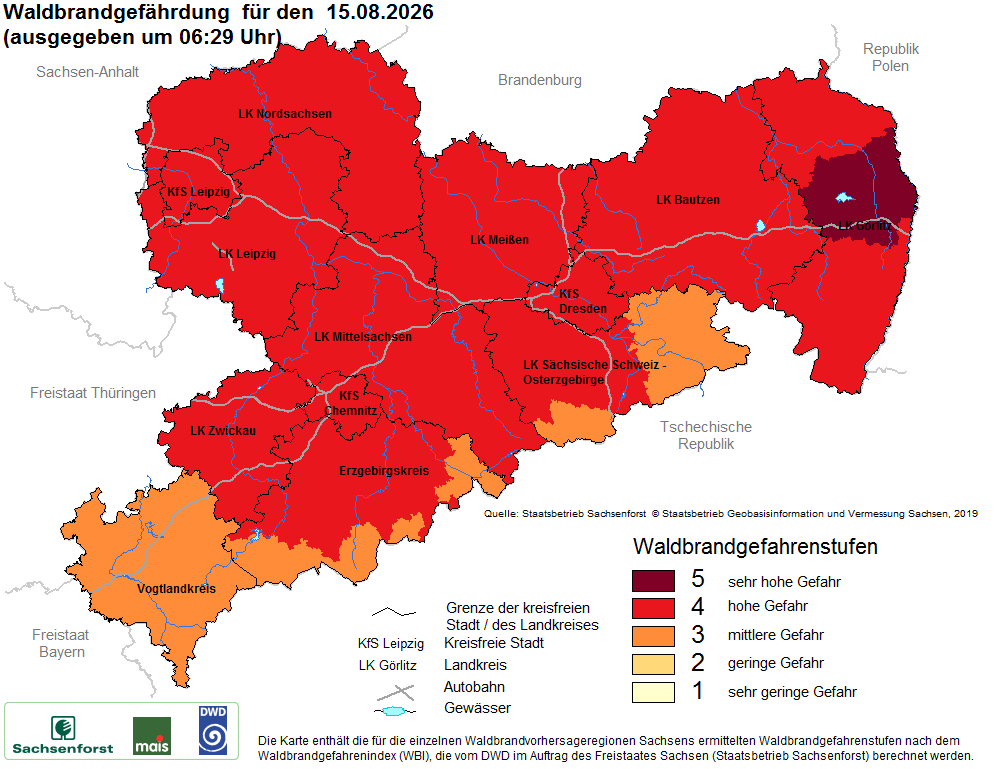 Aktuelle Waldbrandwarnstufen für Sachsen