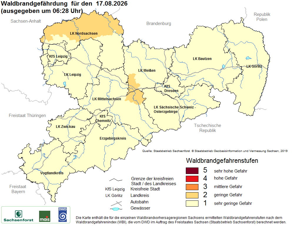 Aktuelle Waldbrandwarnstufen für Sachsen