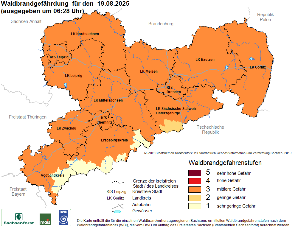 Aktuelle Waldbrandwarnstufen für Sachsen