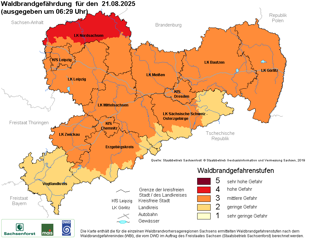 Aktuelle Waldbrandwarnstufen für Sachsen