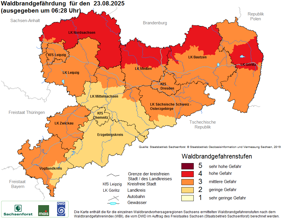 Aktuelle Waldbrandwarnstufen für Sachsen