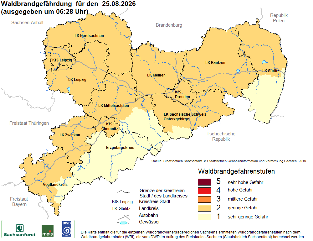 Aktuelle Waldbrandwarnstufen für Sachsen