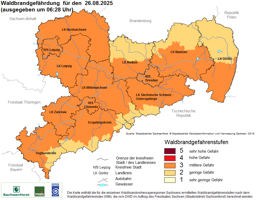 Aktuelle Waldbrandwarnstufen für Sachsen