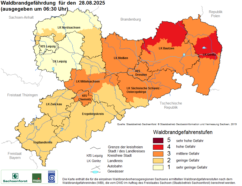 Aktuelle Waldbrandwarnstufen für Sachsen