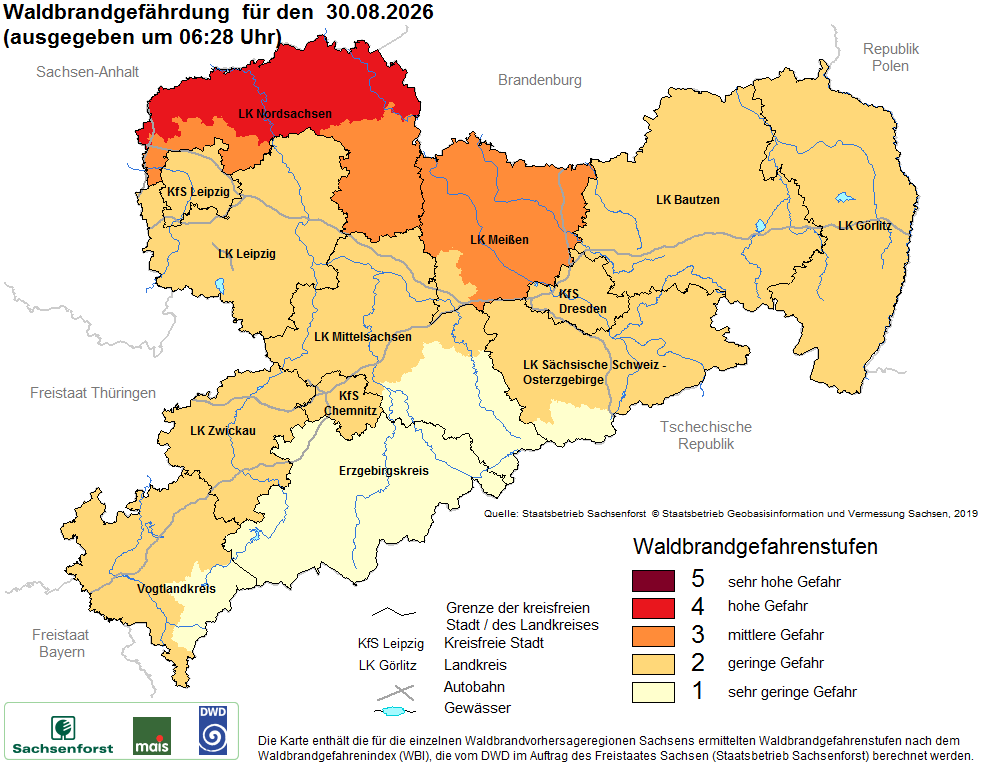 Aktuelle Waldbrandwarnstufen für Sachsen