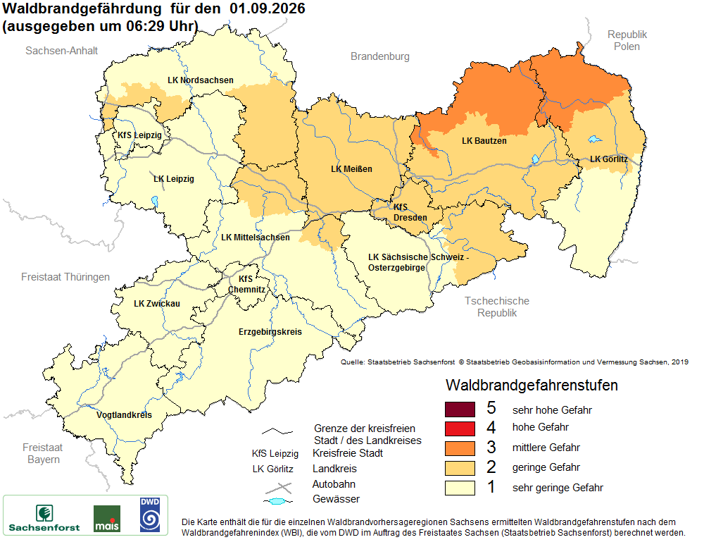 Aktuelle Waldbrandwarnstufen für Sachsen