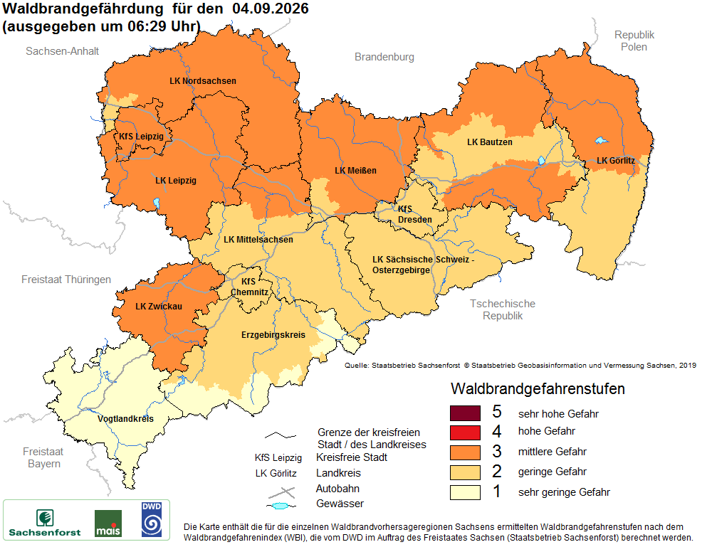 Aktuelle Waldbrandwarnstufen für Sachsen