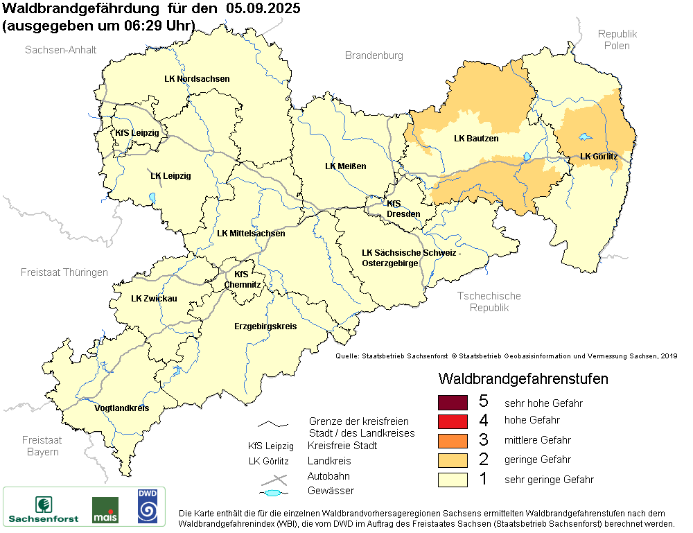 Aktuelle Waldbrandwarnstufen für Sachsen