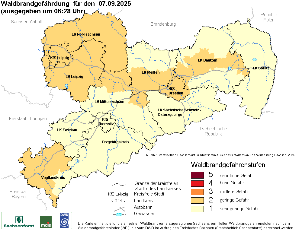 Aktuelle Waldbrandwarnstufen für Sachsen