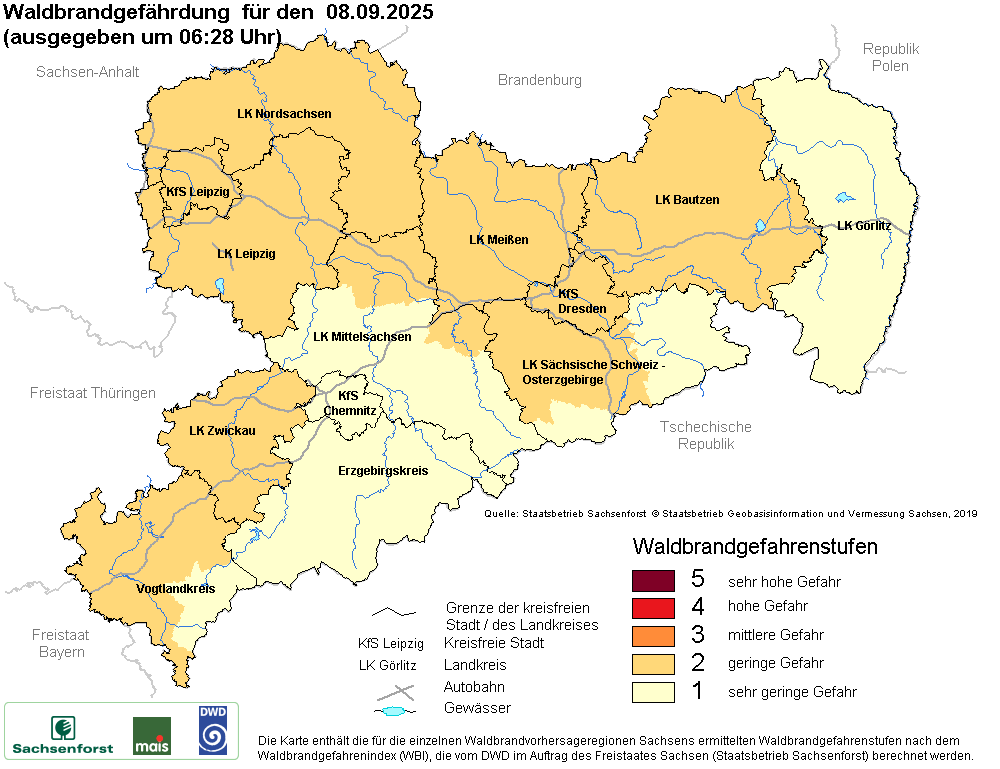 Aktuelle Waldbrandwarnstufen für Sachsen