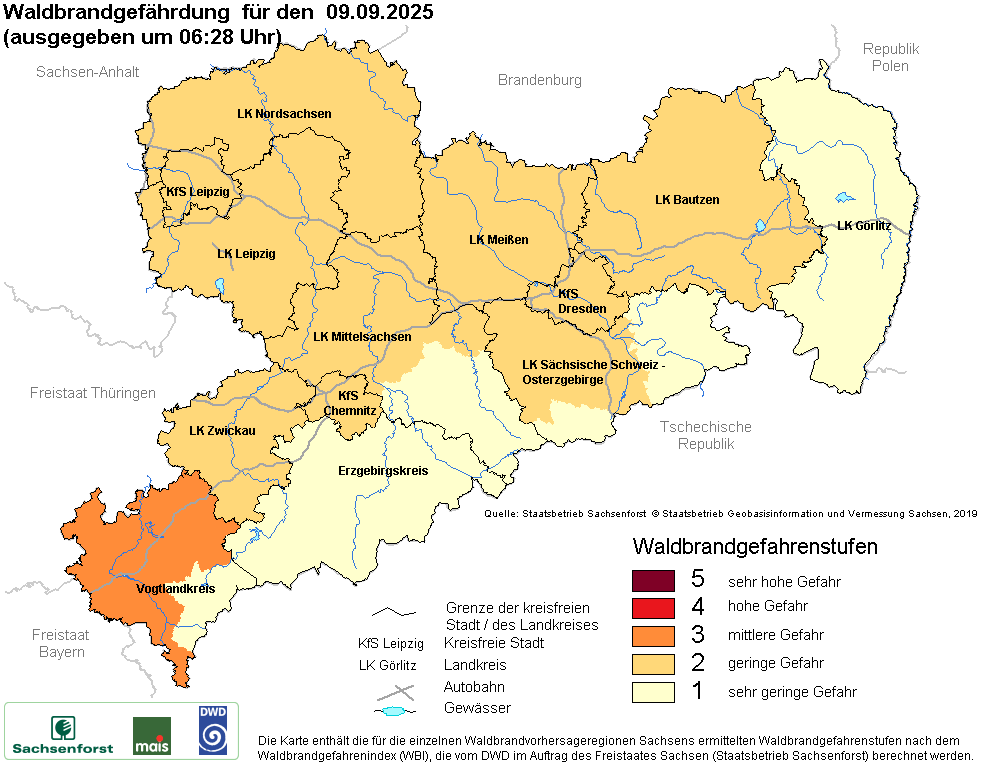 Aktuelle Waldbrandwarnstufen für Sachsen