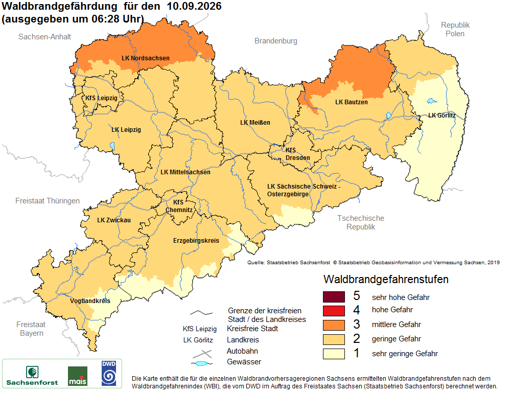 Aktuelle Waldbrandwarnstufen für Sachsen