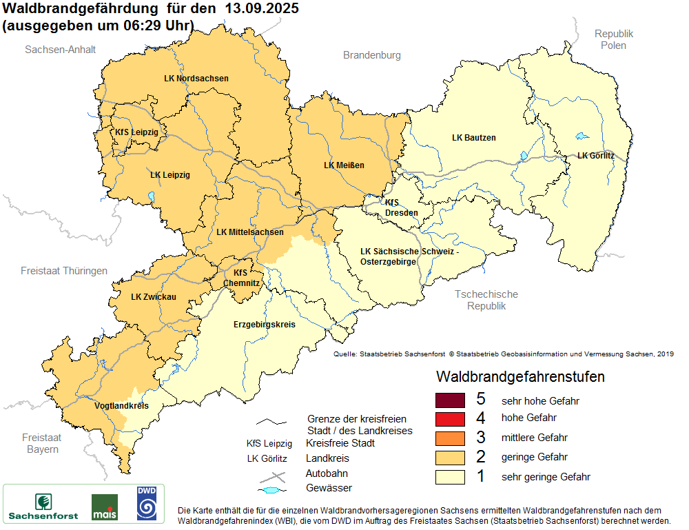 Aktuelle Waldbrandwarnstufen für Sachsen
