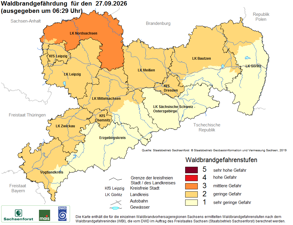 Aktuelle Waldbrandwarnstufen für Sachsen