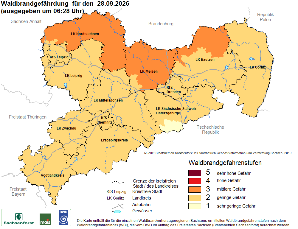 Aktuelle Waldbrandwarnstufen für Sachsen