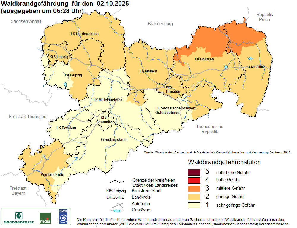 Aktuelle Waldbrandwarnstufen für Sachsen