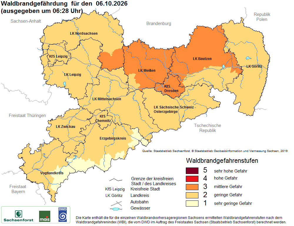 Aktuelle Waldbrandwarnstufen für Sachsen