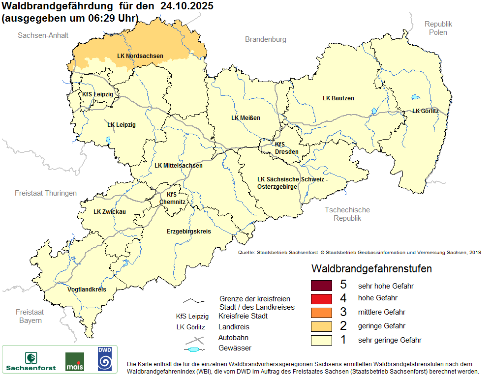 Aktuelle Waldbrandwarnstufen für Sachsen