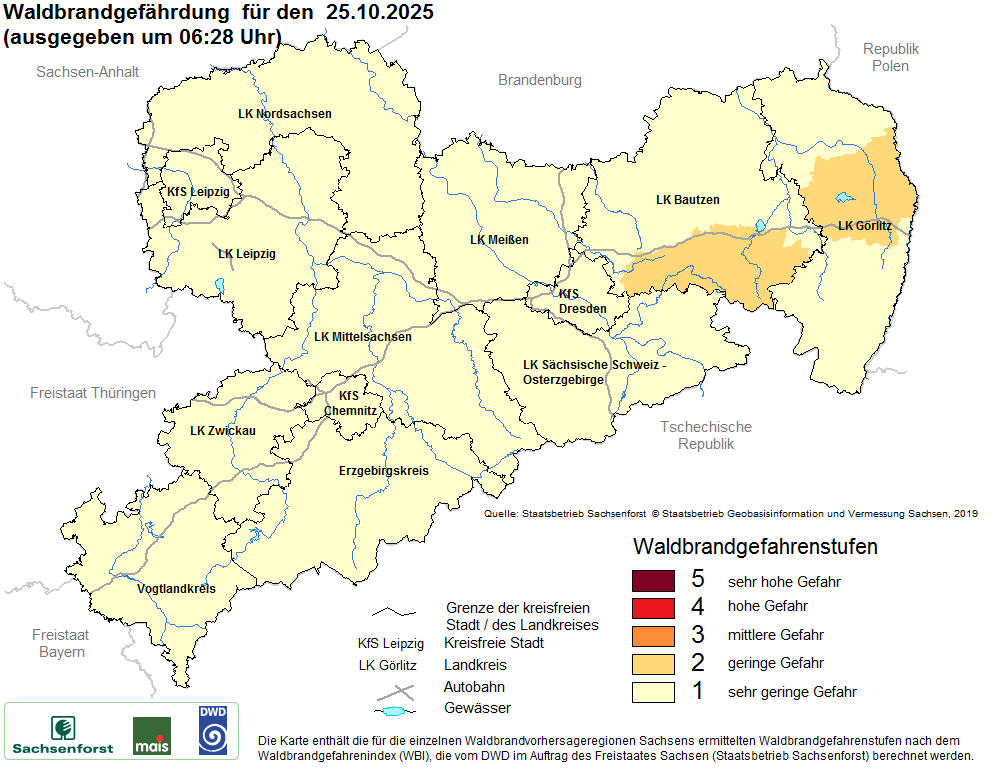 Aktuelle Waldbrandwarnstufen für Sachsen